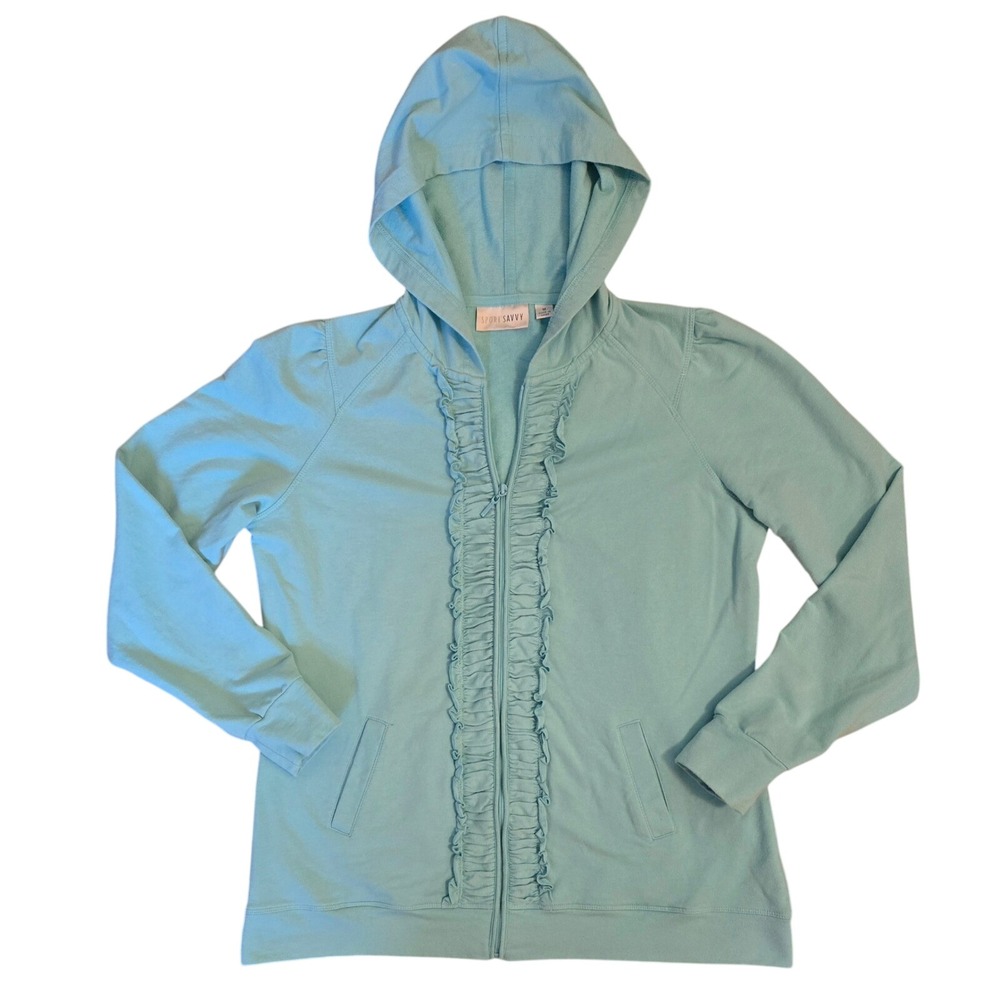 Sport Savvy Cute Women's M Aqua Blue Ruffle Trim Full Zip Hoodie Sweatshirt
